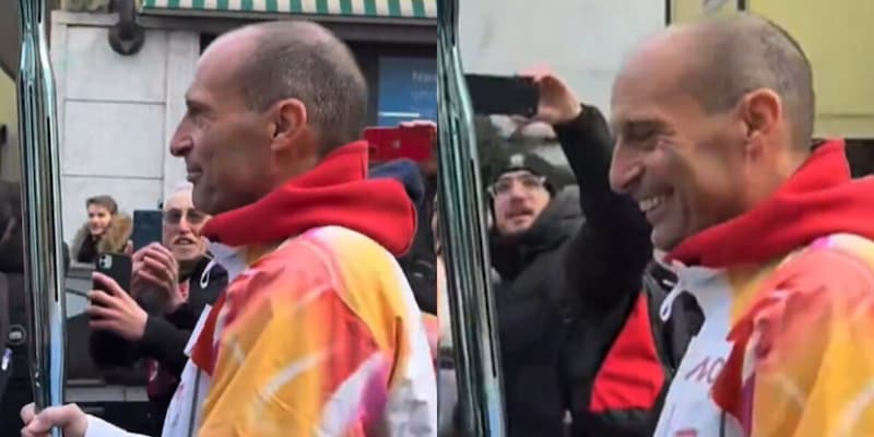 Il tecnico rossonero porta la fiamma olimpica a Borgomanero: un incontro virale con un tifoso